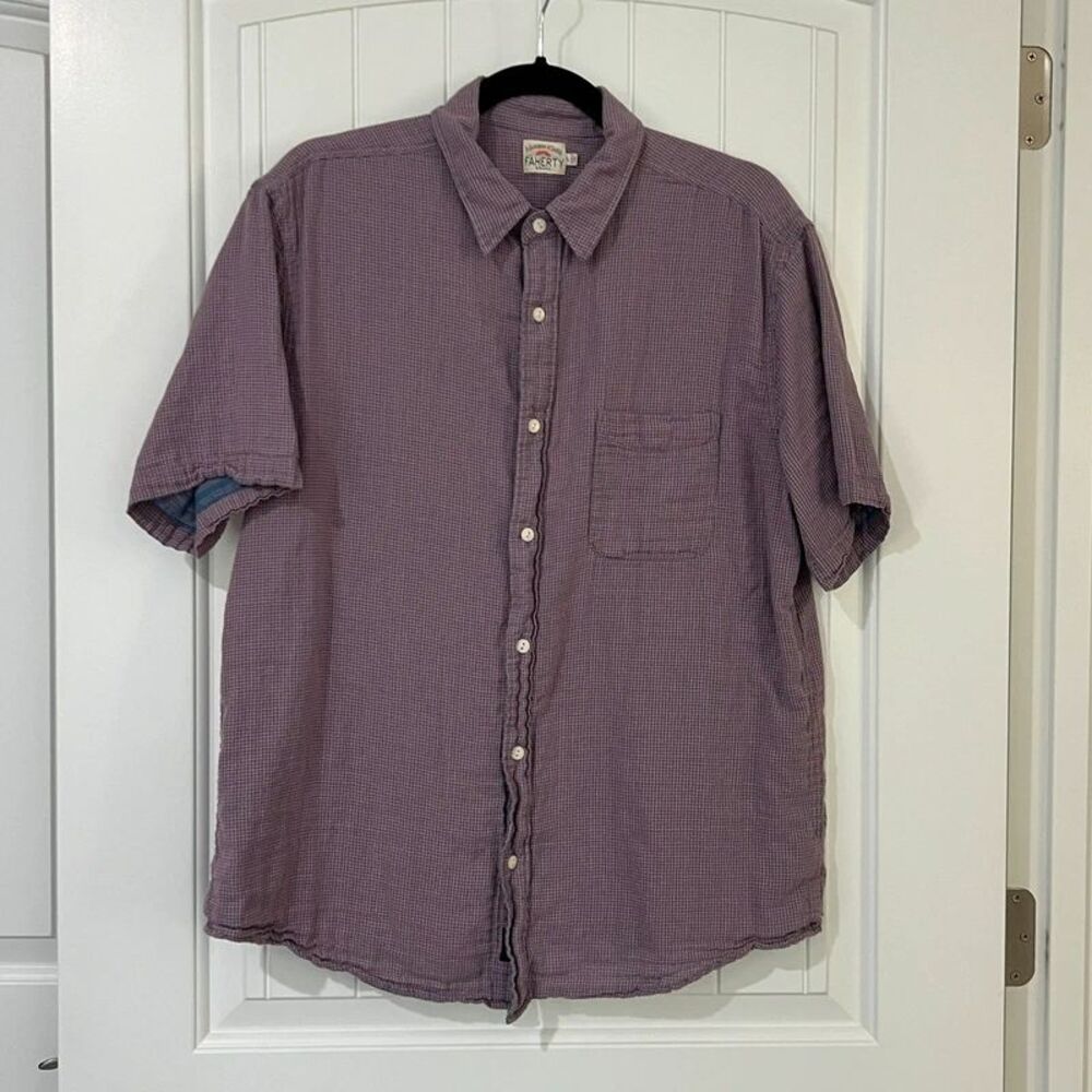Faherty Brand Mens L Short Sleeve Lined Shirt Pink Blue Check Gingham Cotton